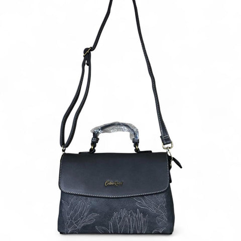 GREY PU Leather Cotton Road Handbag with EMBROIDERED PROTEAS