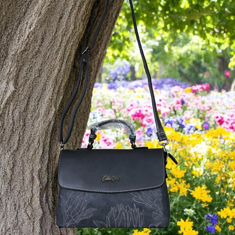 GREY PU Leather Cotton Road Handbag with EMBROIDERED PROTEAS