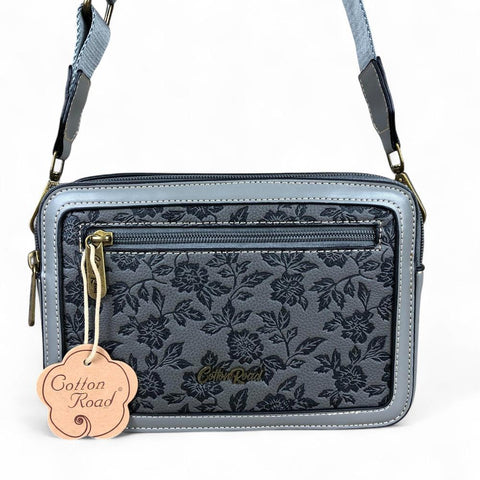 GREY PU Leather Cotton Road Sling Bag with FLORAL Panel