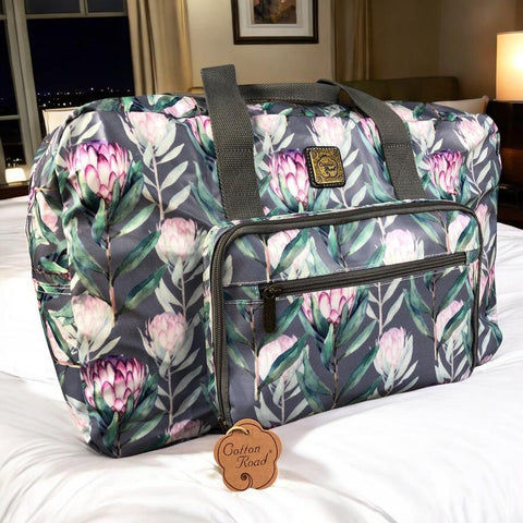 GREY PVC Foldaway WEEKENDER Cotton Road Travel Bag with PROTEAS