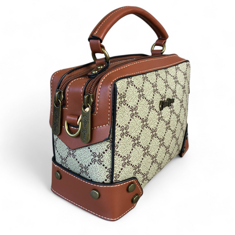 Printed KHAKI Cotton Road PVC Sling Bag with TAN Trim