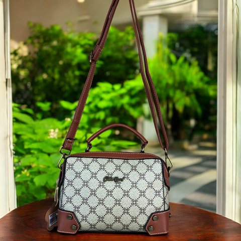 Printed KHAKI Cotton Road PVC Sling Bag with TAN Trim