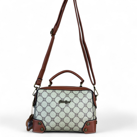 Printed KHAKI Cotton Road PVC Sling Bag with TAN Trim