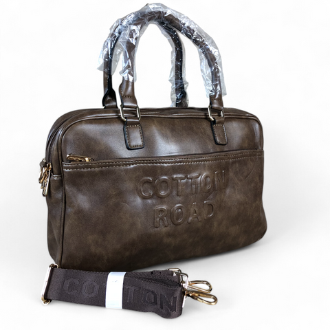 BROWN EMBOSSED PU Leather Cotton Road Handbag
