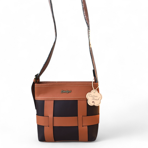 TAN and BROWN PU Leather Cotton Road Sling Bag with STRAP detailing