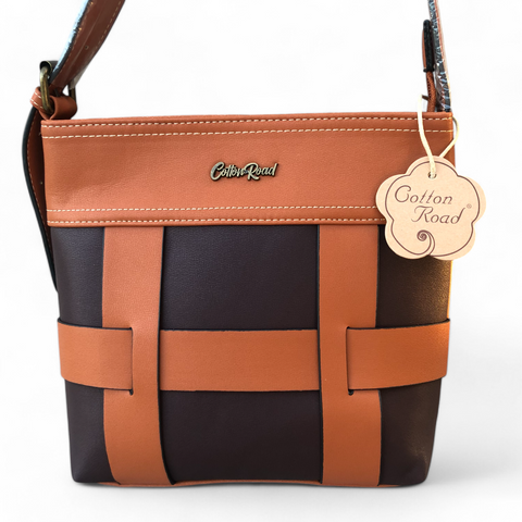 TAN and BROWN PU Leather Cotton Road Sling Bag with STRAP detailing