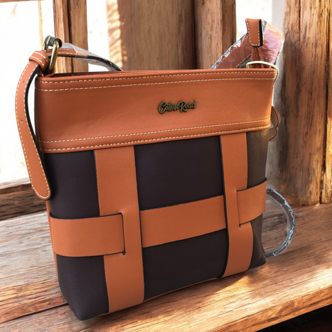 TAN and BROWN PU Leather Cotton Road Sling Bag with STRAP detailing