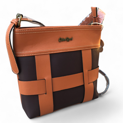 TAN and BROWN PU Leather Cotton Road Sling Bag with STRAP detailing
