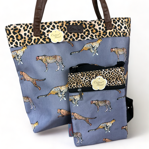 Cotton Road GREY Canvas Tote Shopper and Sling Bag COMBO with CHEETAH