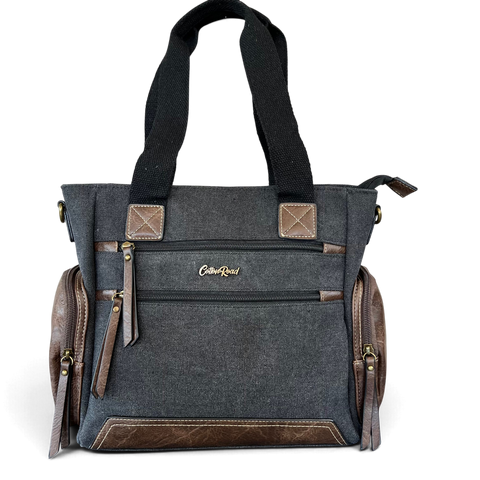 Cotton Road Handbag - BLACK Canvas Shoulder Bag with PU Leather Trim