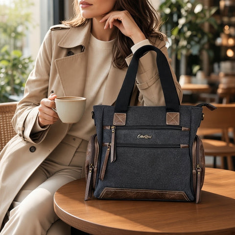 Cotton Road Handbag - BLACK Canvas Shoulder Bag with PU Leather Trim