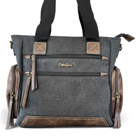 Cotton Road Handbag - BLACK Canvas Shoulder Bag with PU Leather Trim