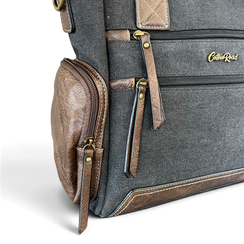 Cotton Road Handbag - BLACK Canvas Shoulder Bag with PU Leather Trim