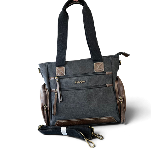 Cotton Road Handbag - BLACK Canvas Shoulder Bag with PU Leather Trim