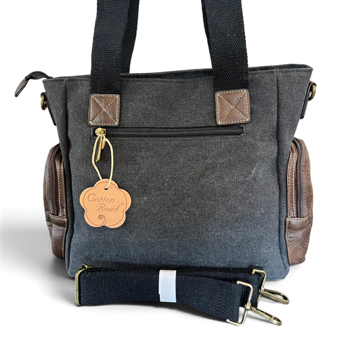 Cotton Road Handbag - BLACK Canvas Shoulder Bag with PU Leather Trim