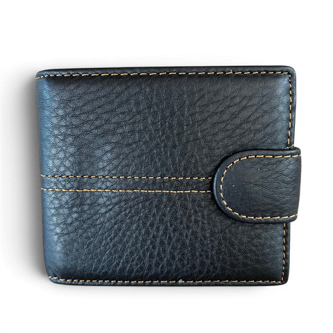 Black Vivace men's genuine leather wallet with clip, topstitch, and multiple compartments for cards and cash