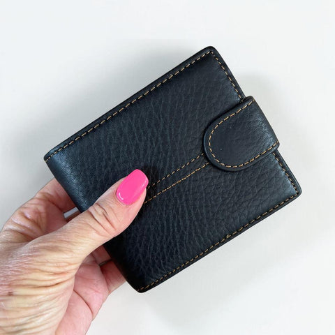 Black Vivace men's genuine leather wallet with clip, 13 card slots, topstitch detailing, and slim bifold design
