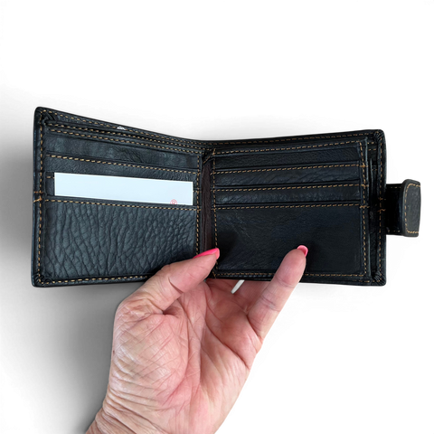Black Vivace men's genuine leather wallet with clip, topstitch, 13 card slots, and slim bifold design