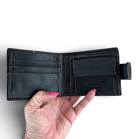 Black genuine leather wallet with topstitch, 13 card slots, clip coin pocket, and slim bifold design
