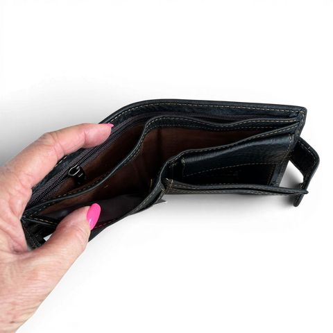 Black Vivace men's genuine leather wallet with clip, topstitch, 13 card slots, and slim bifold design