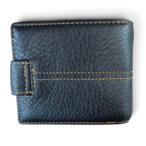 Black Vivace men's genuine leather wallet with clip, topstitch, 13 card slots, bifold design