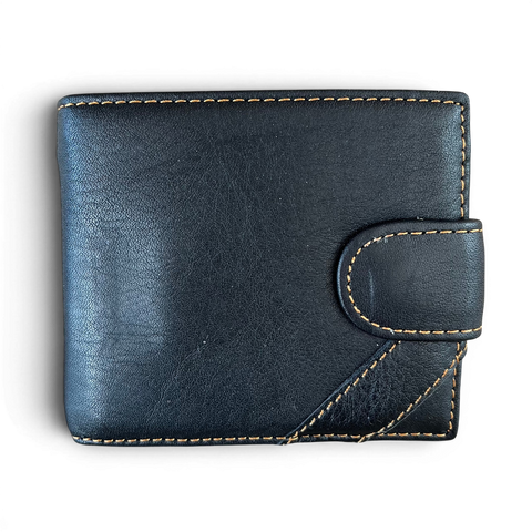 Black Vivace men's leather wallet with clip, contrast stitching, multiple card slots, and zippered compartment