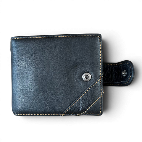 Black Vivace men's genuine leather wallet with clip, 13 card slots, coin pocket, and contrast stitching