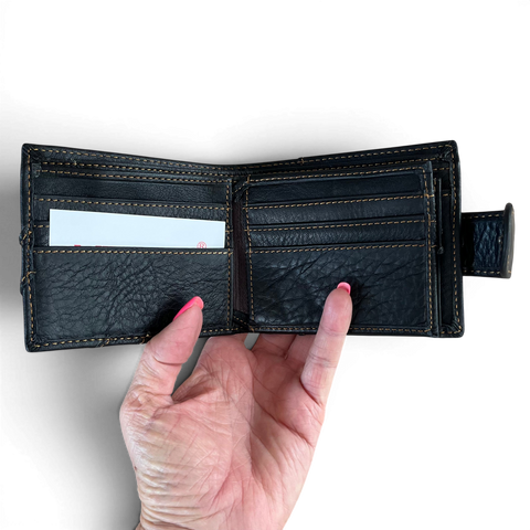 Black Vivace men's genuine leather wallet with clip, 13 card slots, coin pocket, and contrast stitching
