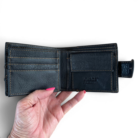 Black Vivace men's genuine leather wallet with clip closure and multiple card slots