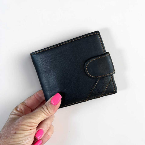 Black Vivace men's genuine leather wallet with clip closure and multiple card slots