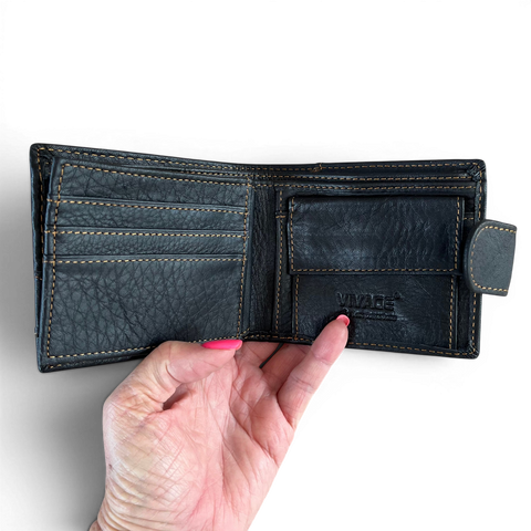 Black Vivace men's genuine leather wallet with clip and multiple card slots