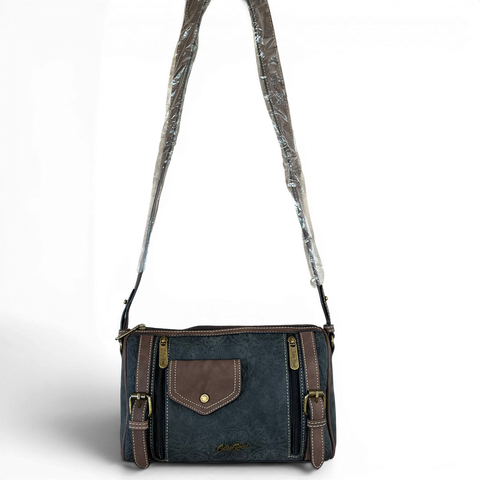 Cotton Road Sling Bag charcoal black PU leather with matching wallet set elegant embossed design and brown trim