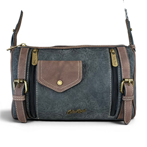 Cotton Road Charcoal Black PU Leather Sling Bag with brown trim and branded strap showing multiple zip pockets and compact crossbody design