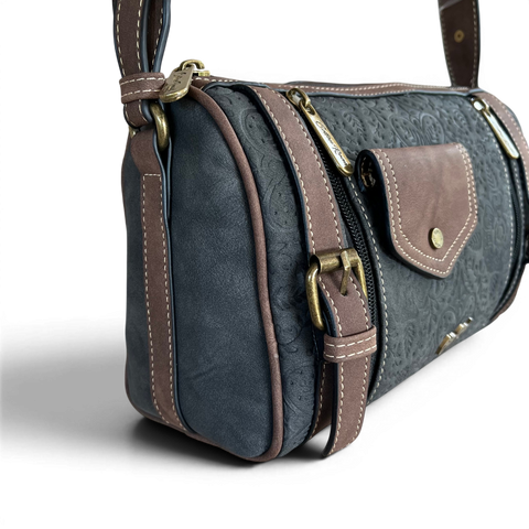 Cotton Road Sling Bag charcoal black PU leather with brown trim and branded strap crossbody bag for everyday use