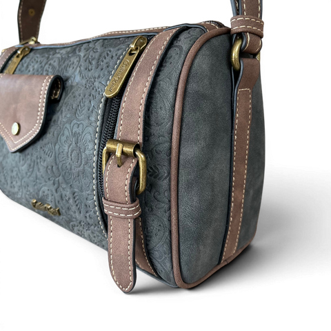 Cotton Road Sling Bag charcoal black PU leather with brown trim and branded strap crossbody design