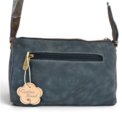 Cotton Road Sling Bag in charcoal black PU leather with brown trim and branded strap, featuring multiple zip pockets and compact crossbody design