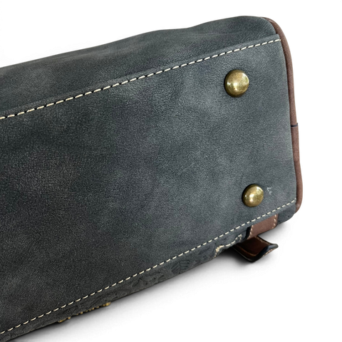 Cotton Road charcoal black PU leather sling bag with brown trim and branded strap, featuring multiple zip pockets and organized compartments