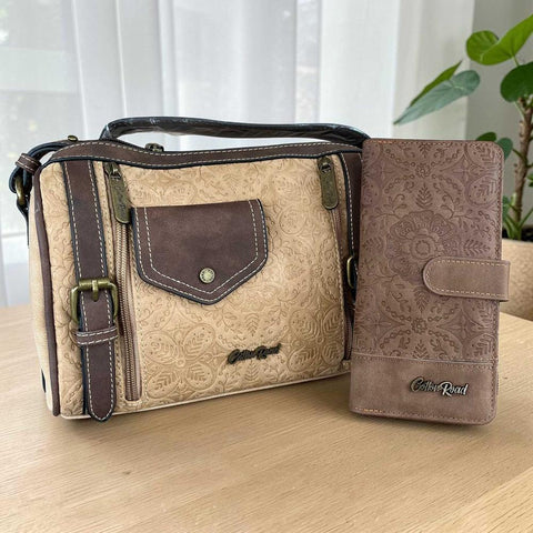 Cotton Road Sling Bag khaki PU leather with brown trim and matching wallet set