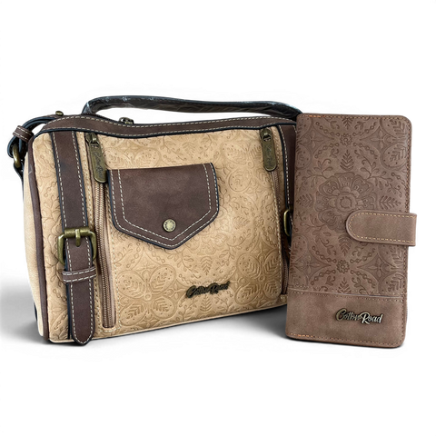 Cotton Road Sling Bag khaki embossed PU leather with brown trim and matching wallet set