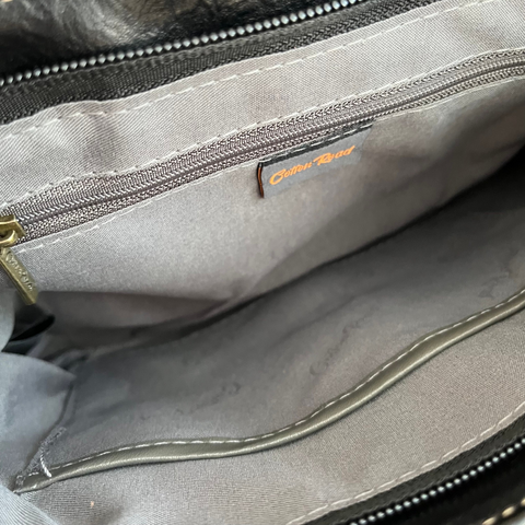 Cotton Road sling bag and matching wallet in black PU leather with grey and black leopard print design and antique gold-tone hardware