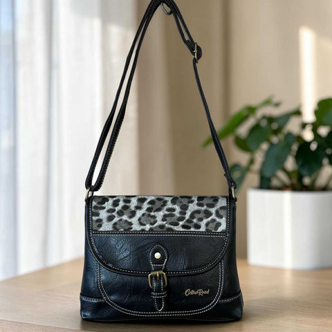 Cotton Road black PU leather sling bag with leopard print flap and adjustable strap