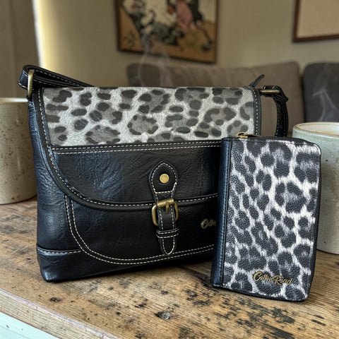 Cotton Road Sling Bag black leopard print PU leather crossbody bag with matching wallet set