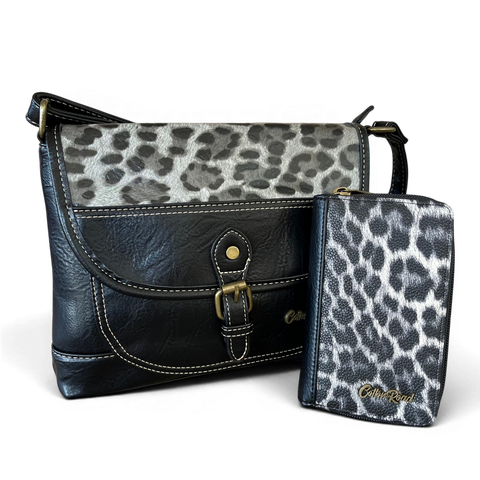 Cotton Road Sling Bag black leopard print PU leather crossbody bag with matching wallet set