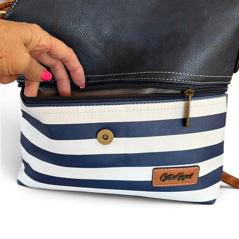 Cotton Road Sling Bag navy blue and white striped crossbody with adjustable strap and multiple zip compartments