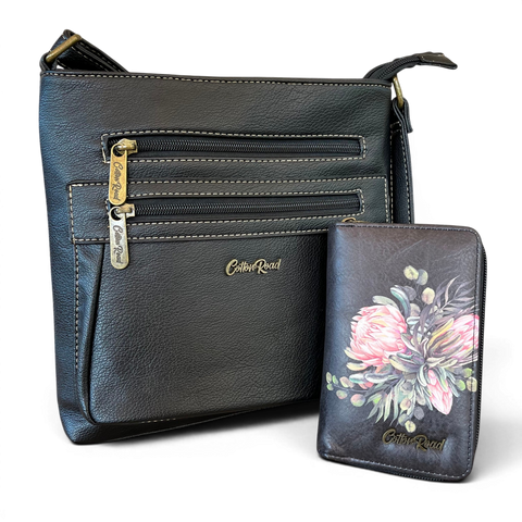 Cotton Road Sling Bag black PU leather with matching Protea wallet set