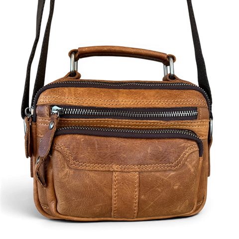Vivace Camel genuine leather sling bag by Cotton Road with adjustable strap and multiple zip pockets