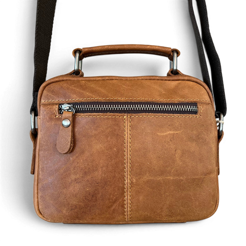 Vivace Camel genuine leather sling bag with adjustable strap and zip compartments by Cotton Road