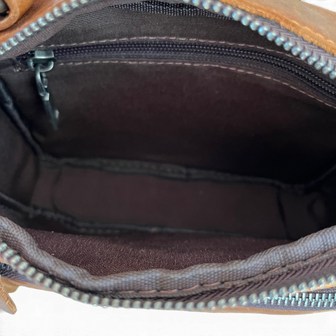 Vivace Camel genuine leather sling bag with adjustable strap and multiple zip compartments by Cotton Road Handbag