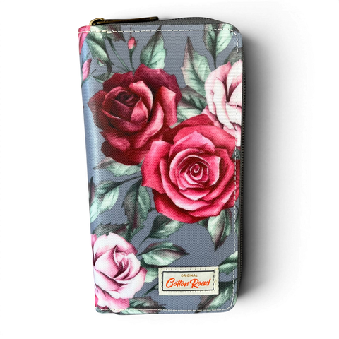 Cotton Road Wallet large grey PVC with pink rose floral print and zip compartments