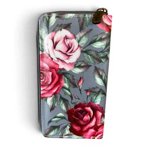 Cotton Road Large Grey PVC wallet with rose floral design and zip compartments